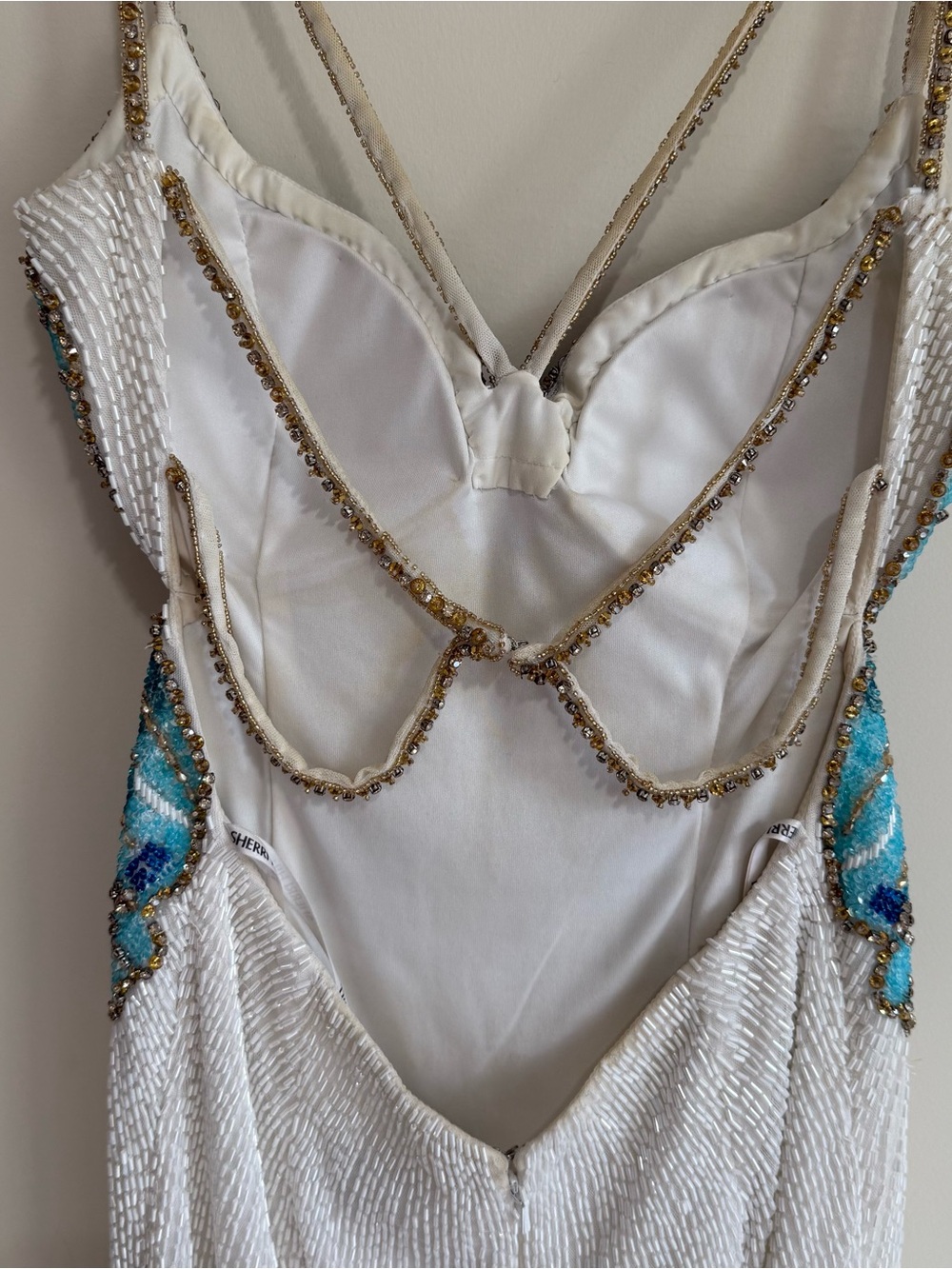 Sherri Hill White Mini Dress with Turquoise & Gold Butterfly Bodice - Picture 4 of 12